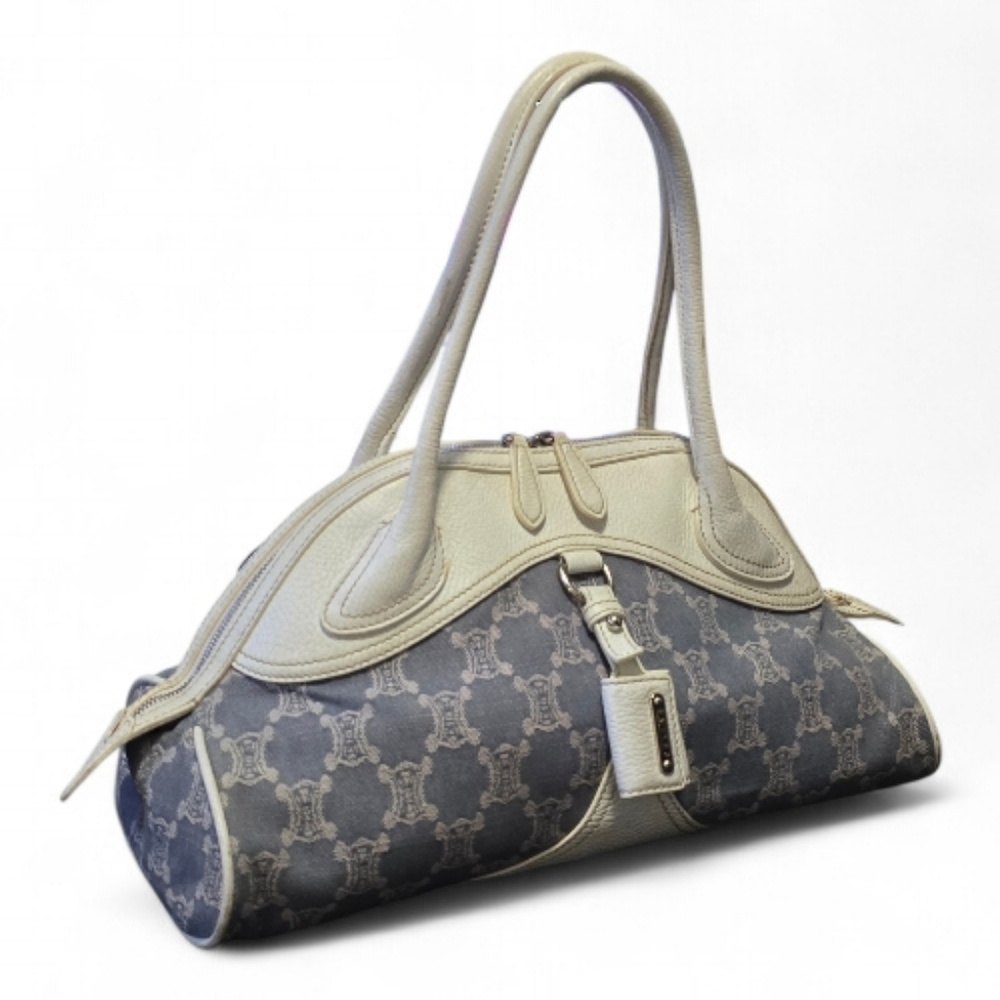 Celine White/Blue Macadam Canvas and Leather Dome Satchel